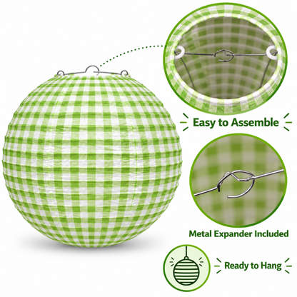Green Checkered Gingham Paper Lantern - 12 Inch | Decorative Hanging Lantern for Birthday, Picnic, Garden Party, Baby Shower & Wedding