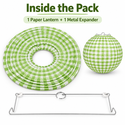 Green Checkered Gingham Paper Lantern - 12 Inch | Decorative Hanging Lantern for Birthday, Picnic, Garden Party, Baby Shower & Wedding