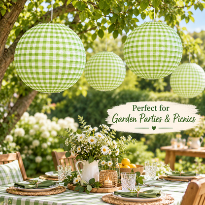 Green Checkered Gingham Paper Lantern - 12 Inch | Decorative Hanging Lantern for Birthday, Picnic, Garden Party, Baby Shower & Wedding
