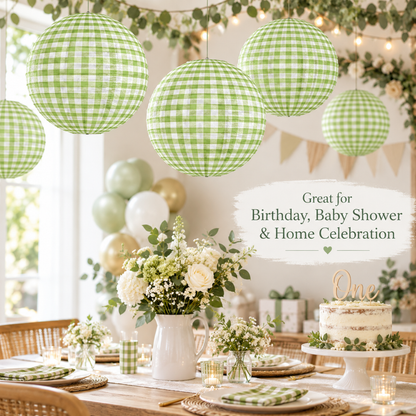 Green Checkered Gingham Paper Lantern - 12 Inch | Decorative Hanging Lantern for Birthday, Picnic, Garden Party, Baby Shower & Wedding