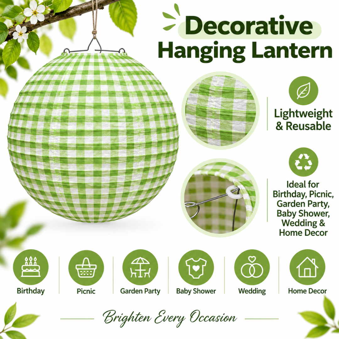 Green Checkered Gingham Paper Lantern - 12 Inch | Decorative Hanging Lantern for Birthday, Picnic, Garden Party, Baby Shower & Wedding