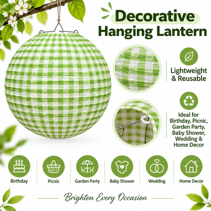 Green Checkered Gingham Paper Lantern - 12 Inch | Decorative Hanging Lantern for Birthday, Picnic, Garden Party, Baby Shower & Wedding