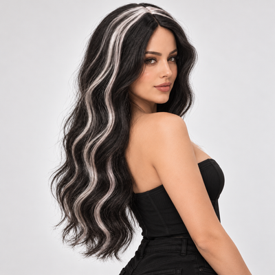Black & Red Highlight Body Wave Wig | Long Wavy Cosplay Wig for Halloween, Fancy Dress & Theme Parties