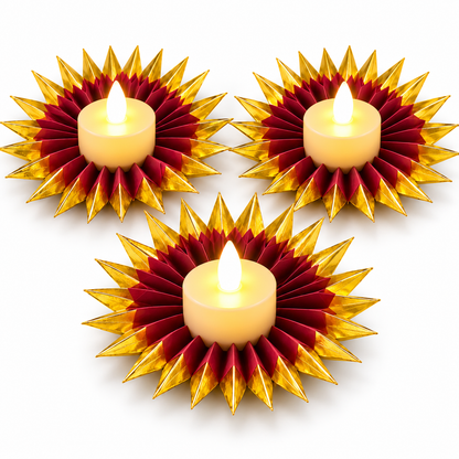 Red & Gold LED Diya Holder Fan with LED Diyas - 6PC