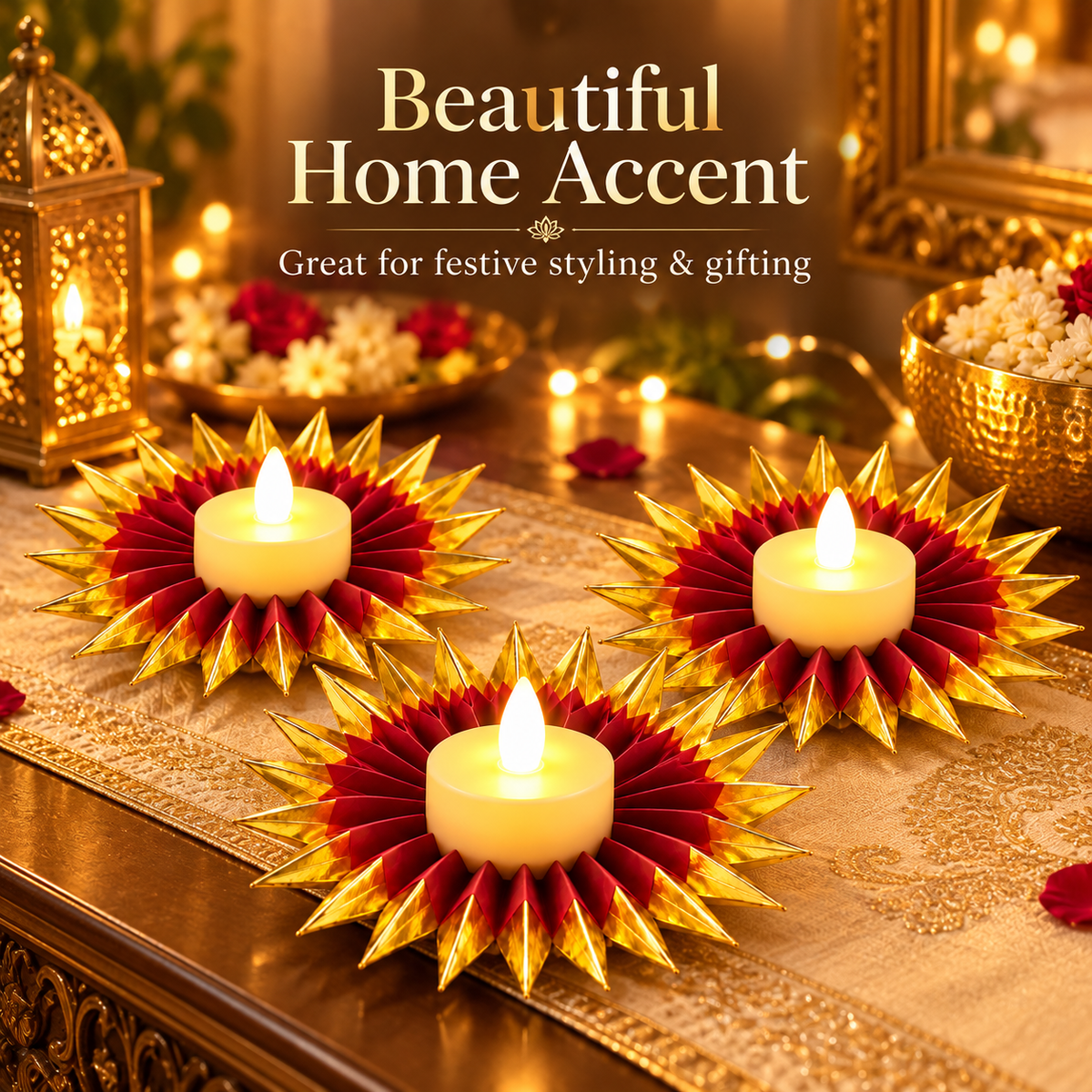 Red & Gold LED Diya Holder Fan with LED Diyas - 6PC