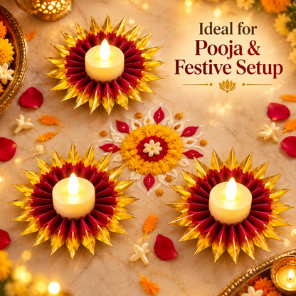 Red & Gold LED Diya Holder Fan with LED Diyas - 6PC