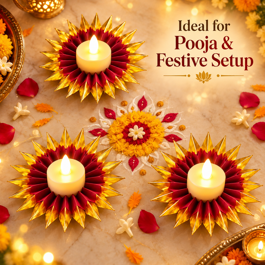 Red & Gold LED Diya Holder Fan with LED Diyas - 6PC