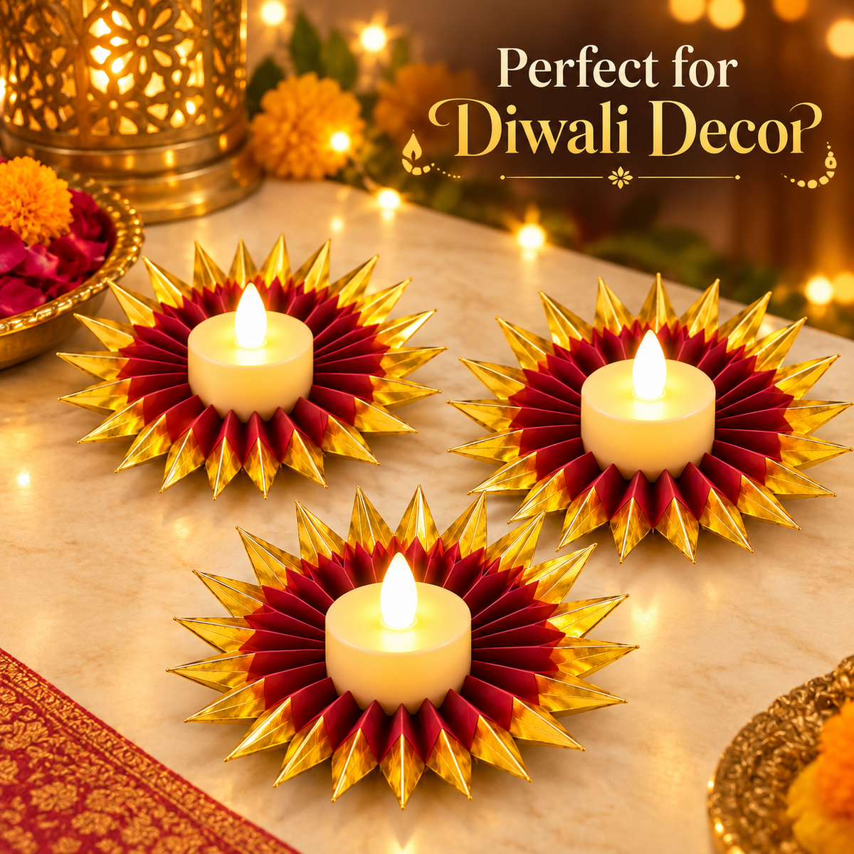 Red & Gold LED Diya Holder Fan with LED Diyas - 6PC