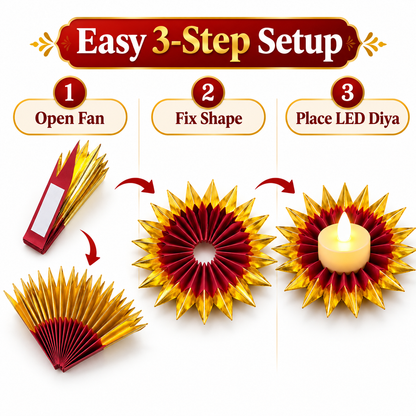 Red & Gold LED Diya Holder Fan with LED Diyas - 6PC