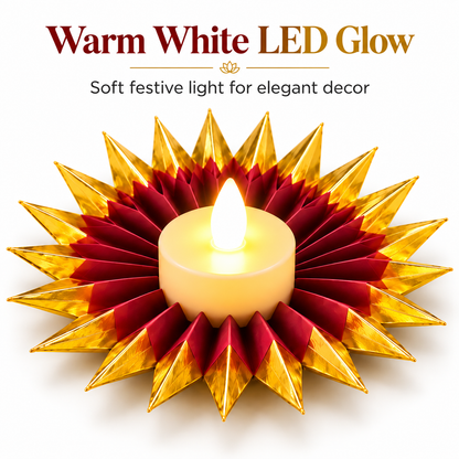 Red & Gold LED Diya Holder Fan with LED Diyas - 6PC