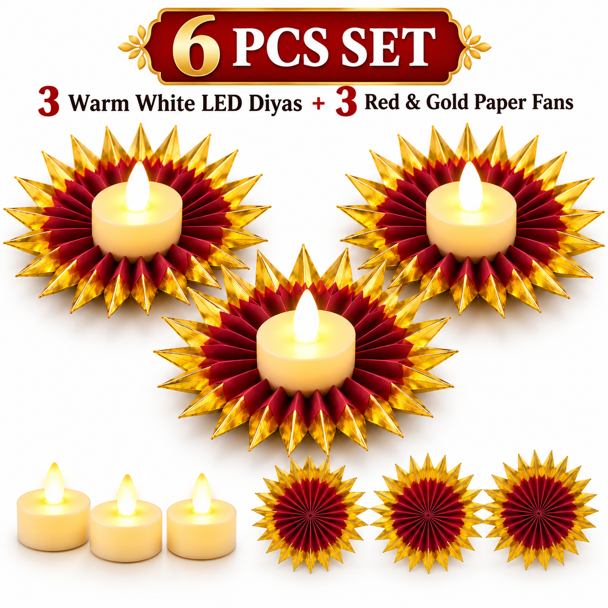 Red & Gold LED Diya Holder Fan with LED Diyas - 6PC