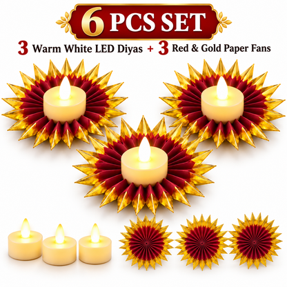Red & Gold LED Diya Holder Fan with LED Diyas - 6PC