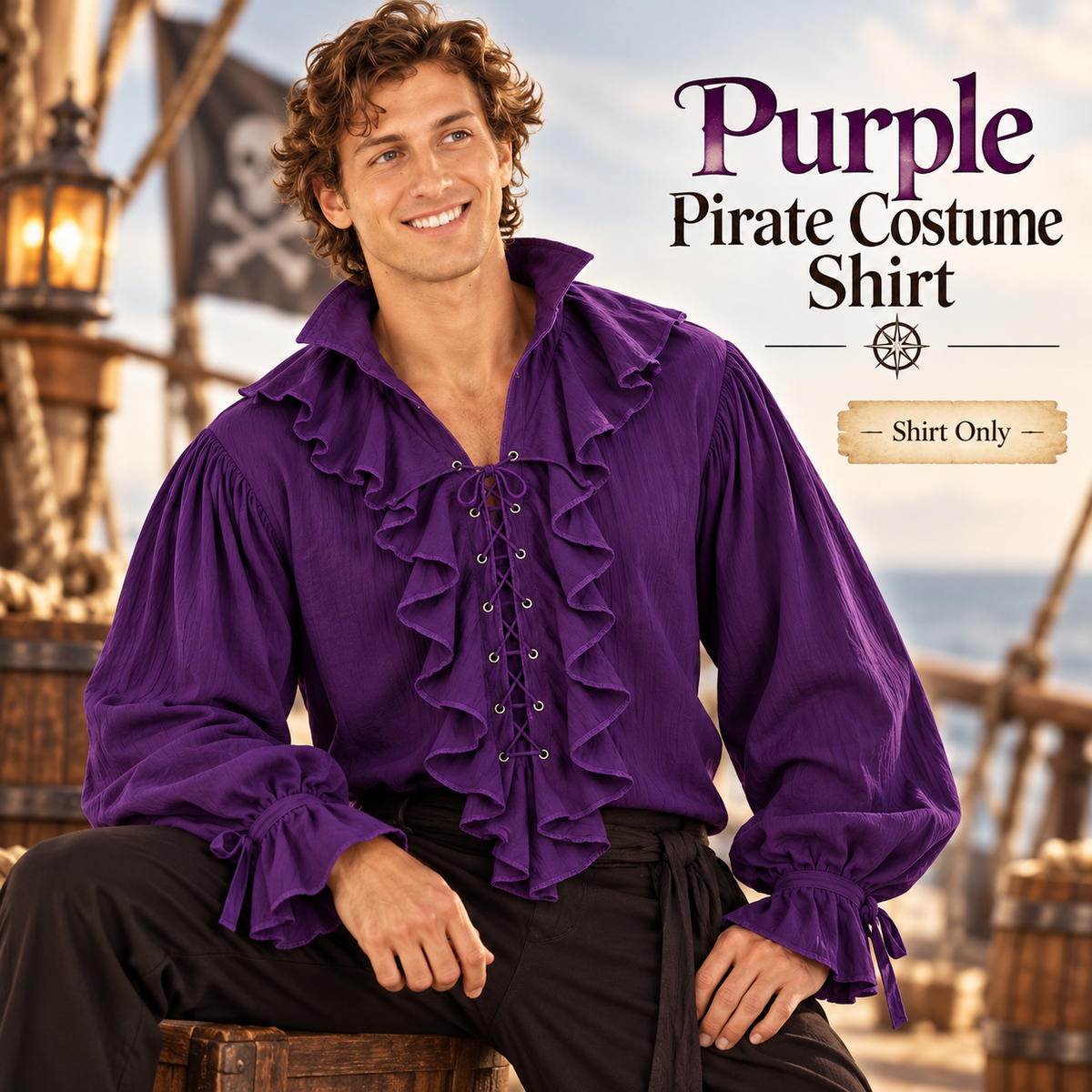 Pirate of the Seven Seas Purple Costume Shirt – Size L | Pirate Fancy Dress Top for Halloween, Theme Parties & Costume Events