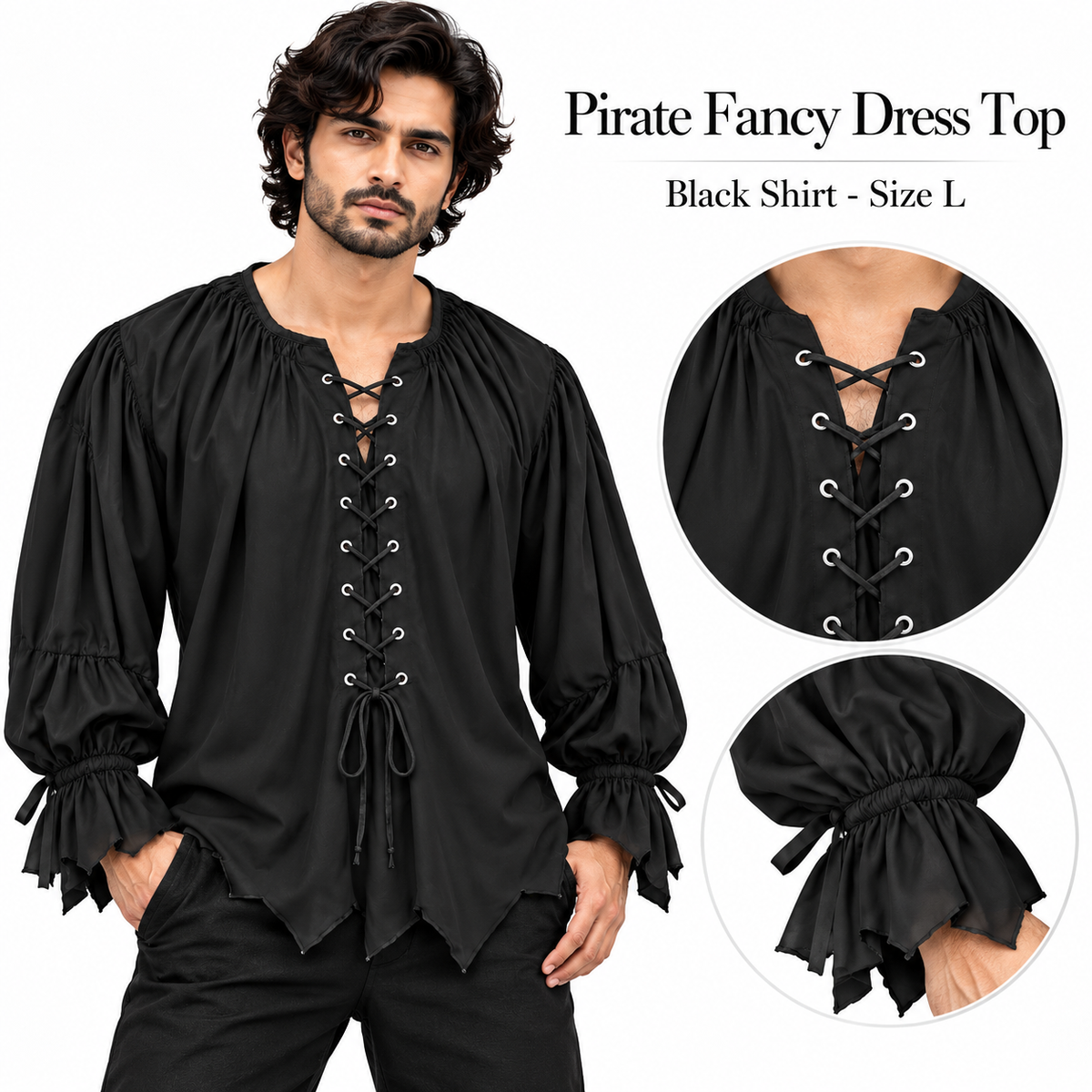 Pirate of the Seven Seas Black Costume Shirt – Size L | Pirate Fancy Dress Top for Halloween, Theme Parties & Costume Events