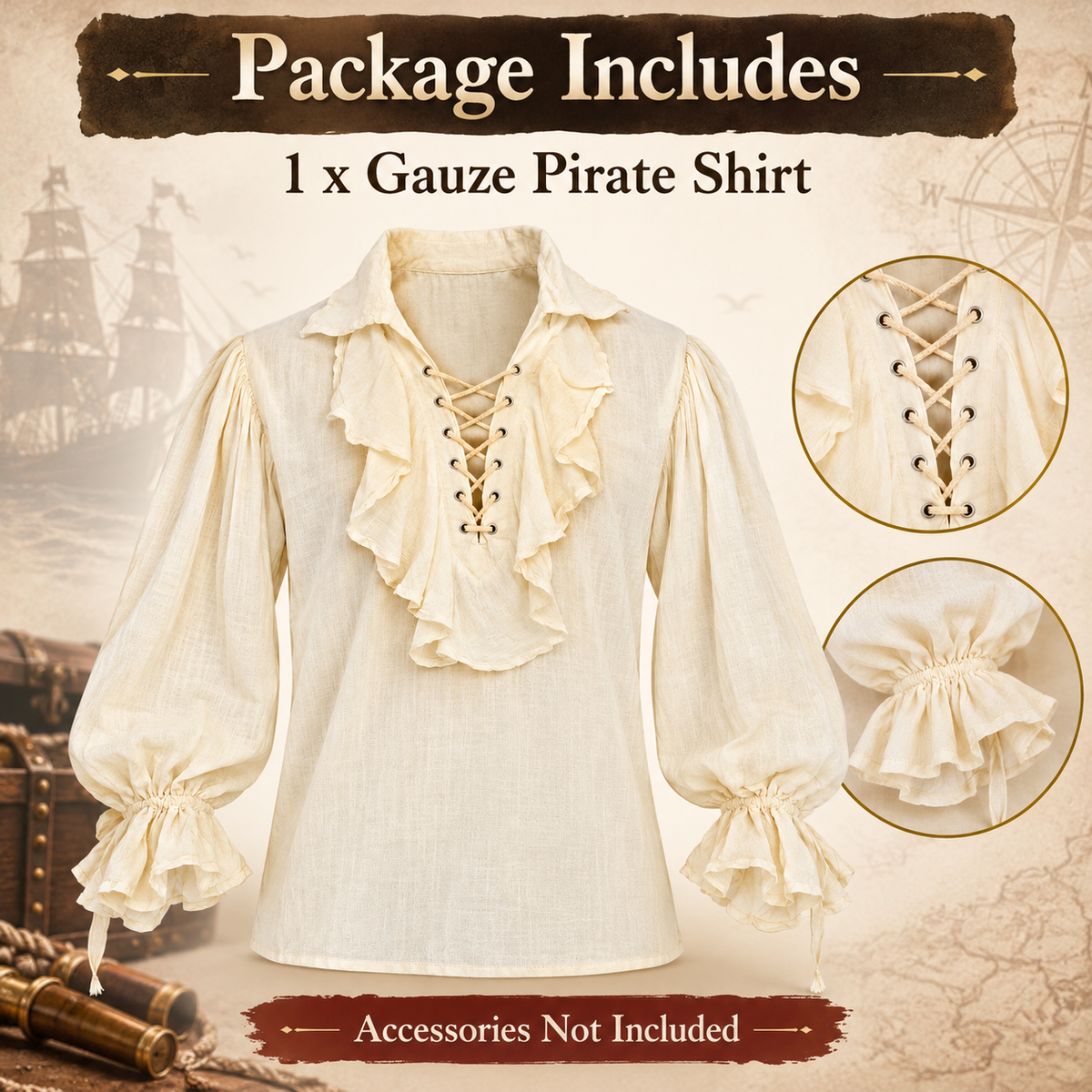 "Pirate of the Seven Seas White Costume Shirt – Size L | Pirate Fancy Dress Top for Halloween, Theme Parties & Costume Events