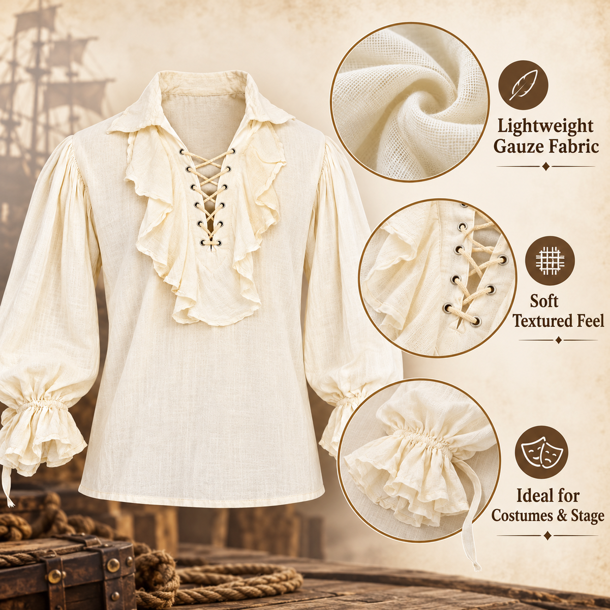 "Pirate of the Seven Seas White Costume Shirt – Size L | Pirate Fancy Dress Top for Halloween, Theme Parties & Costume Events