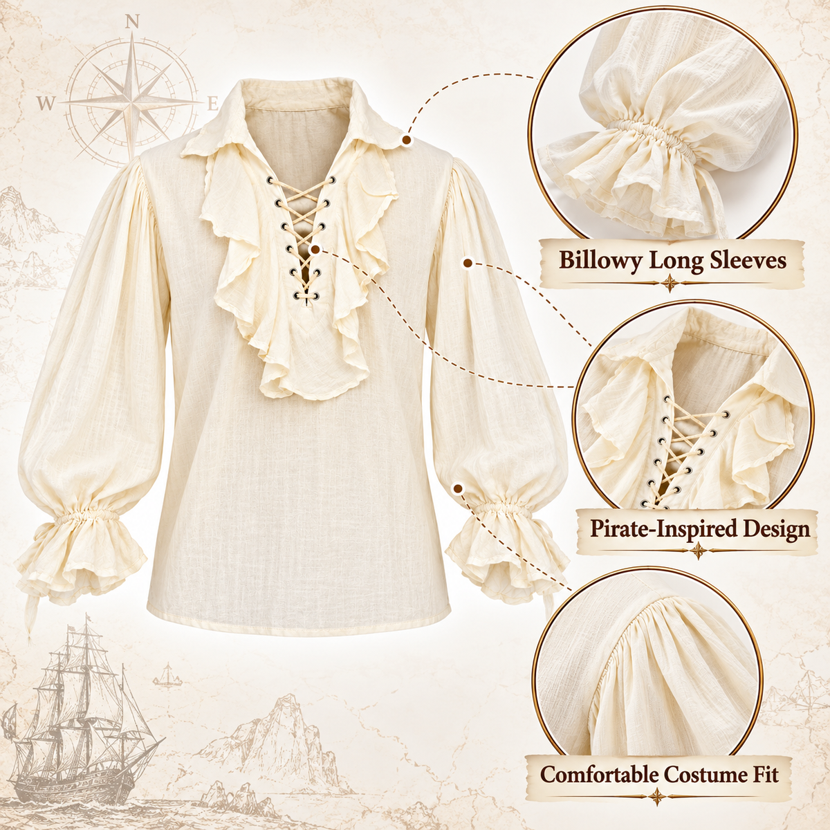 "Pirate of the Seven Seas White Costume Shirt – Size L | Pirate Fancy Dress Top for Halloween, Theme Parties & Costume Events