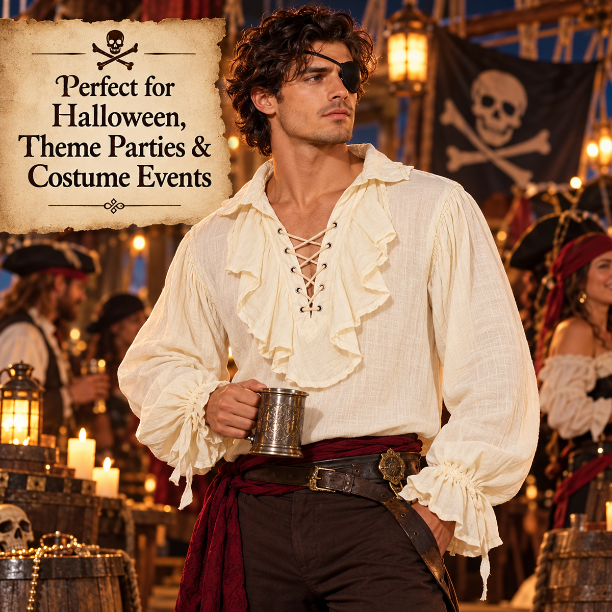 "Pirate of the Seven Seas White Costume Shirt – Size L | Pirate Fancy Dress Top for Halloween, Theme Parties & Costume Events