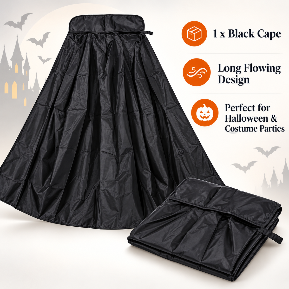 Long Black Taffeta Cape with Collar for Adults | 60 Inch Halloween Fancy Dress Cloak for Vampire, Witch & Costume Parties