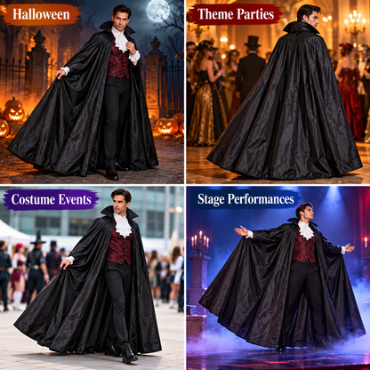 Long Black Taffeta Cape with Collar for Adults | 60 Inch Halloween Fancy Dress Cloak for Vampire, Witch & Costume Parties