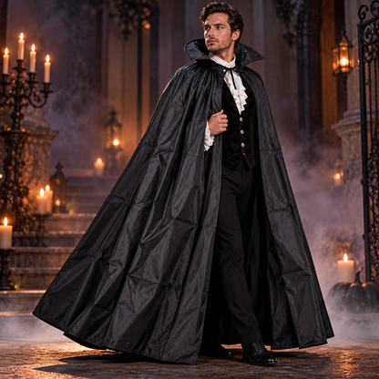 Long Black Taffeta Cape with Collar for Adults | 60 Inch Halloween Fancy Dress Cloak for Vampire, Witch & Costume Parties