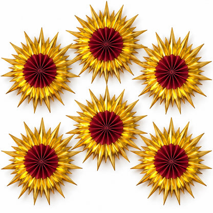 Red & Golden Paper Fan Decorations – Pack of 6 | Festive Hanging Wall Decor for Diwali, Weddings, Birthday Parties & Celebrations