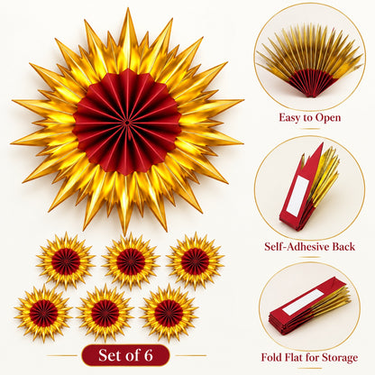 Red & Golden Paper Fan Decorations – Pack of 6 | Festive Hanging Wall Decor for Diwali, Weddings, Birthday Parties & Celebrations