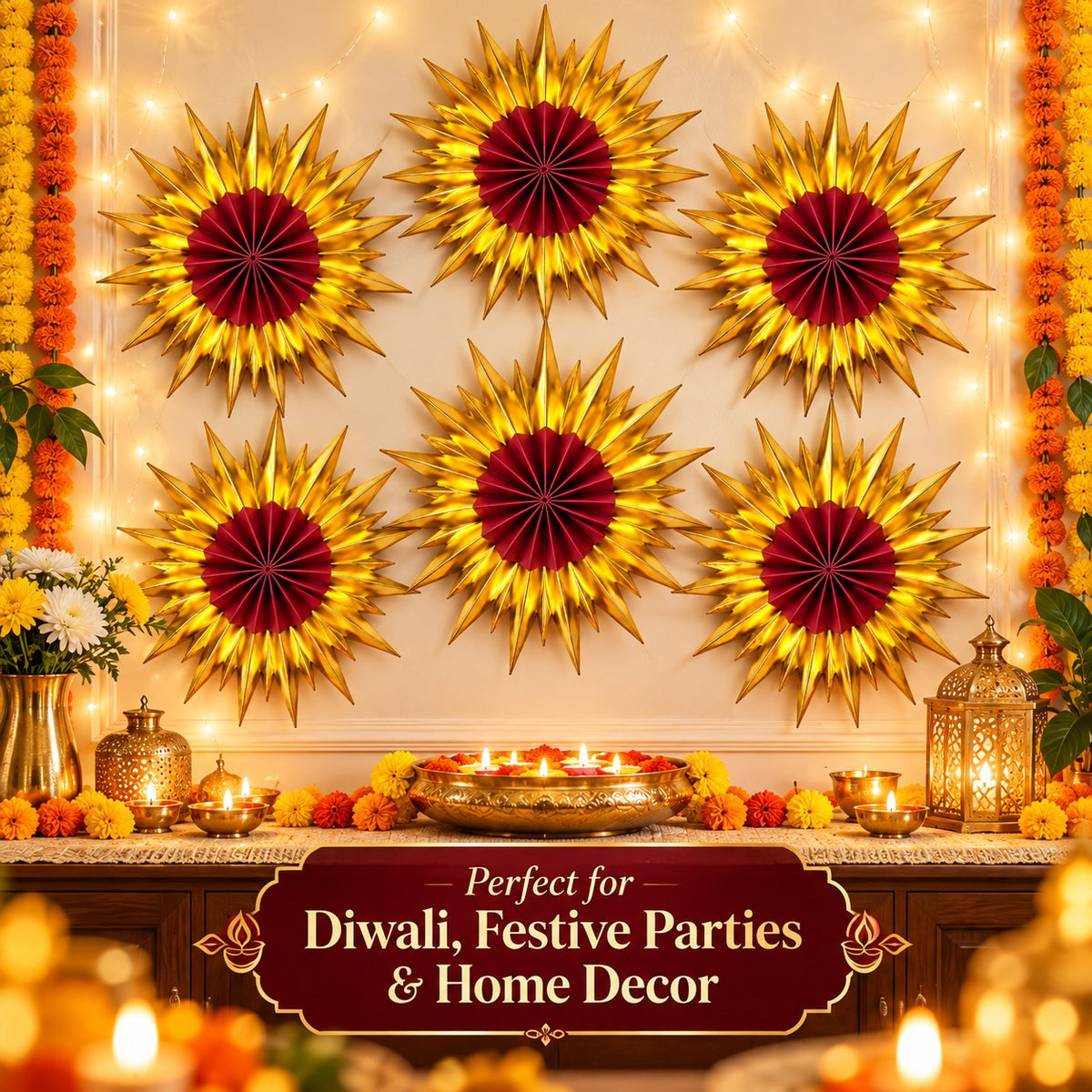 Red & Golden Paper Fan Decorations – Pack of 6 | Festive Hanging Wall Decor for Diwali, Weddings, Birthday Parties & Celebrations