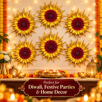 Red & Golden Paper Fan Decorations – Pack of 6 | Festive Hanging Wall Decor for Diwali, Weddings, Birthday Parties & Celebrations