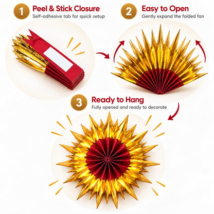 Red & Golden Paper Fan Decorations – Pack of 6 | Festive Hanging Wall Decor for Diwali, Weddings, Birthday Parties & Celebrations