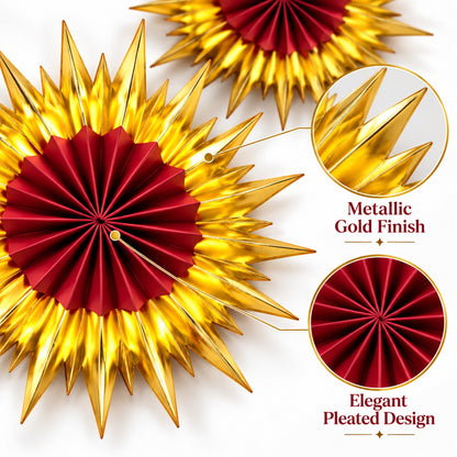 Red & Golden Paper Fan Decorations – Pack of 6 | Festive Hanging Wall Decor for Diwali, Weddings, Birthday Parties & Celebrations