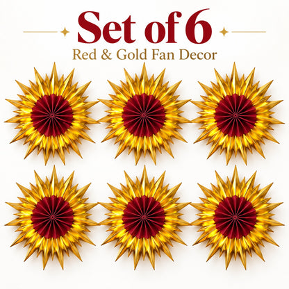 Red & Golden Paper Fan Decorations – Pack of 6 | Festive Hanging Wall Decor for Diwali, Weddings, Birthday Parties & Celebrations