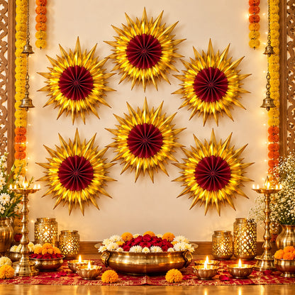 Red & Golden Paper Fan Decorations – Pack of 6 | Festive Hanging Wall Decor for Diwali, Weddings, Birthday Parties & Celebrations