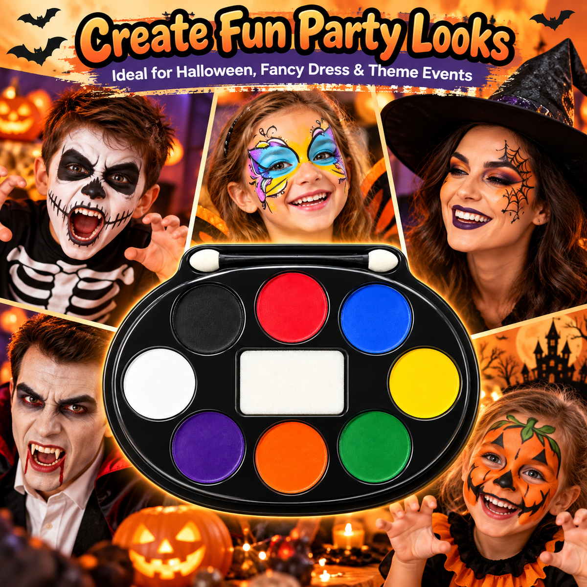 Halloween Face Paint Makeup Tray – 8 Colours | Face Painting Palette for Fancy Dress, Costume Parties & Theatrical Makeup