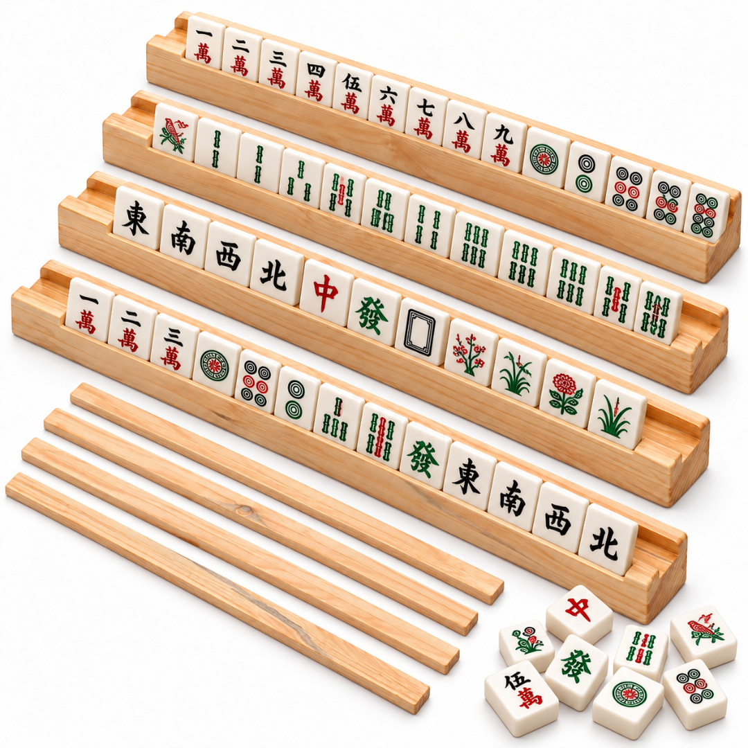 Pine Wood Mahjong Racks – Set of 4 | 20 Inch Wooden Tile Holders for Mahjong Game, Tabletop Games & Game Nights