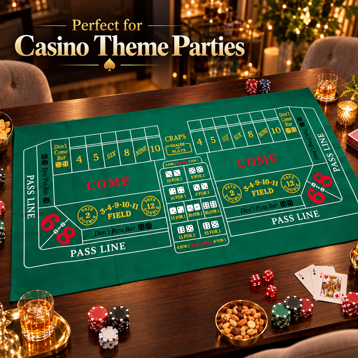 Craps Casino Dice Game Felt Layout – 6 FT | Casino Table Game Mat for Casino Night Parties, Game Nights & Theme Events