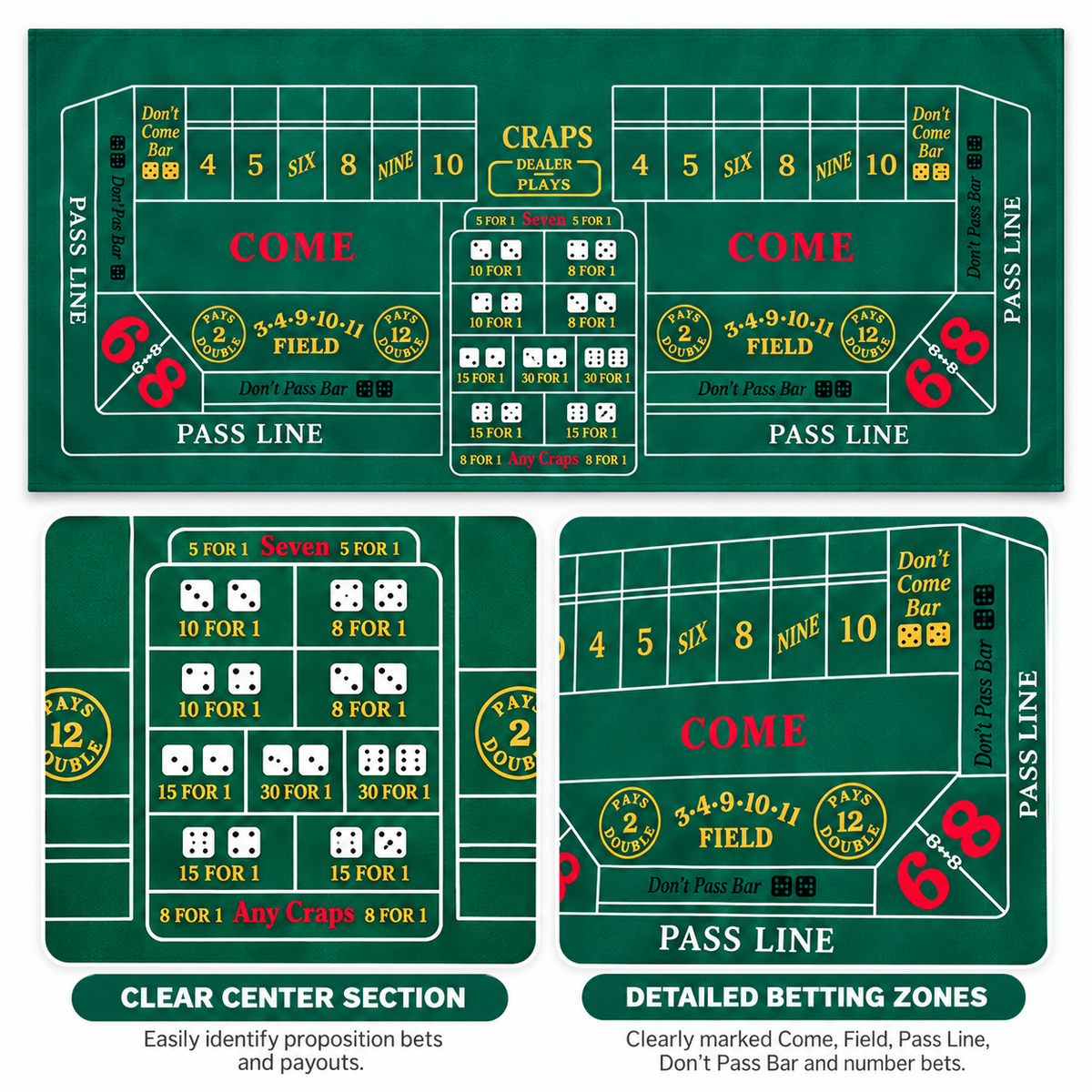 Craps Casino Dice Game Felt Layout – 6 FT | Casino Table Game Mat for Casino Night Parties, Game Nights & Theme Events