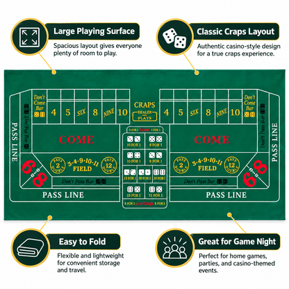 Craps Casino Dice Game Felt Layout – 6 FT | Casino Table Game Mat for Casino Night Parties, Game Nights & Theme Events
