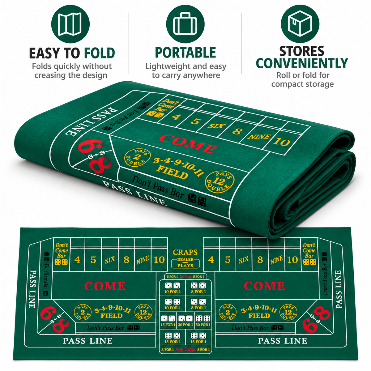 Craps Casino Dice Game Felt Layout – 6 FT | Casino Table Game Mat for Casino Night Parties, Game Nights & Theme Events