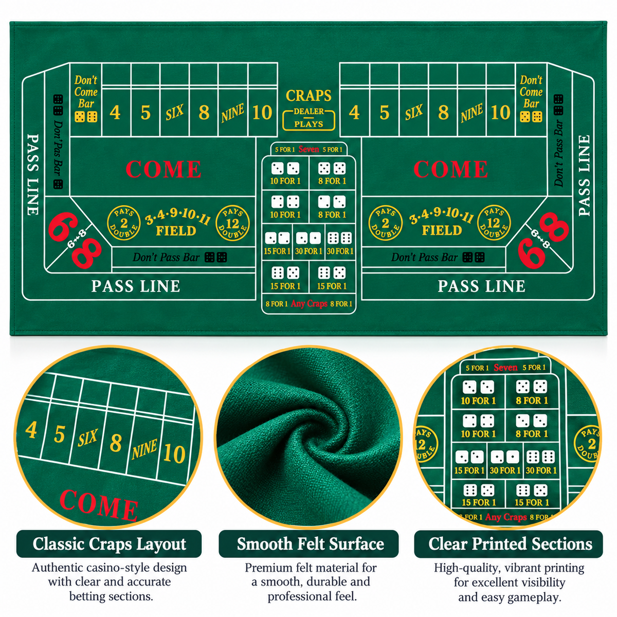 Craps Casino Dice Game Felt Layout – 6 FT | Casino Table Game Mat for Casino Night Parties, Game Nights & Theme Events