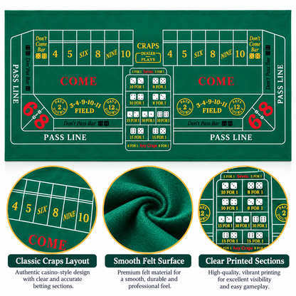 Craps Casino Dice Game Felt Layout – 6 FT | Casino Table Game Mat for Casino Night Parties, Game Nights & Theme Events