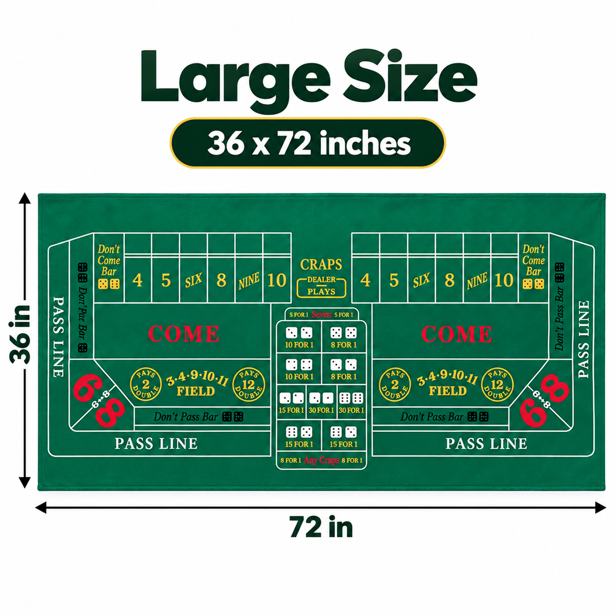 Craps Casino Dice Game Felt Layout – 6 FT | Casino Table Game Mat for Casino Night Parties, Game Nights & Theme Events