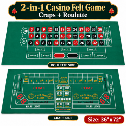 Craps Casino Dice & Roulette 2-in-1 Felt Game – 6 FT | Casino Table Game Mat for Casino Night Parties, Game Nights & Theme Events