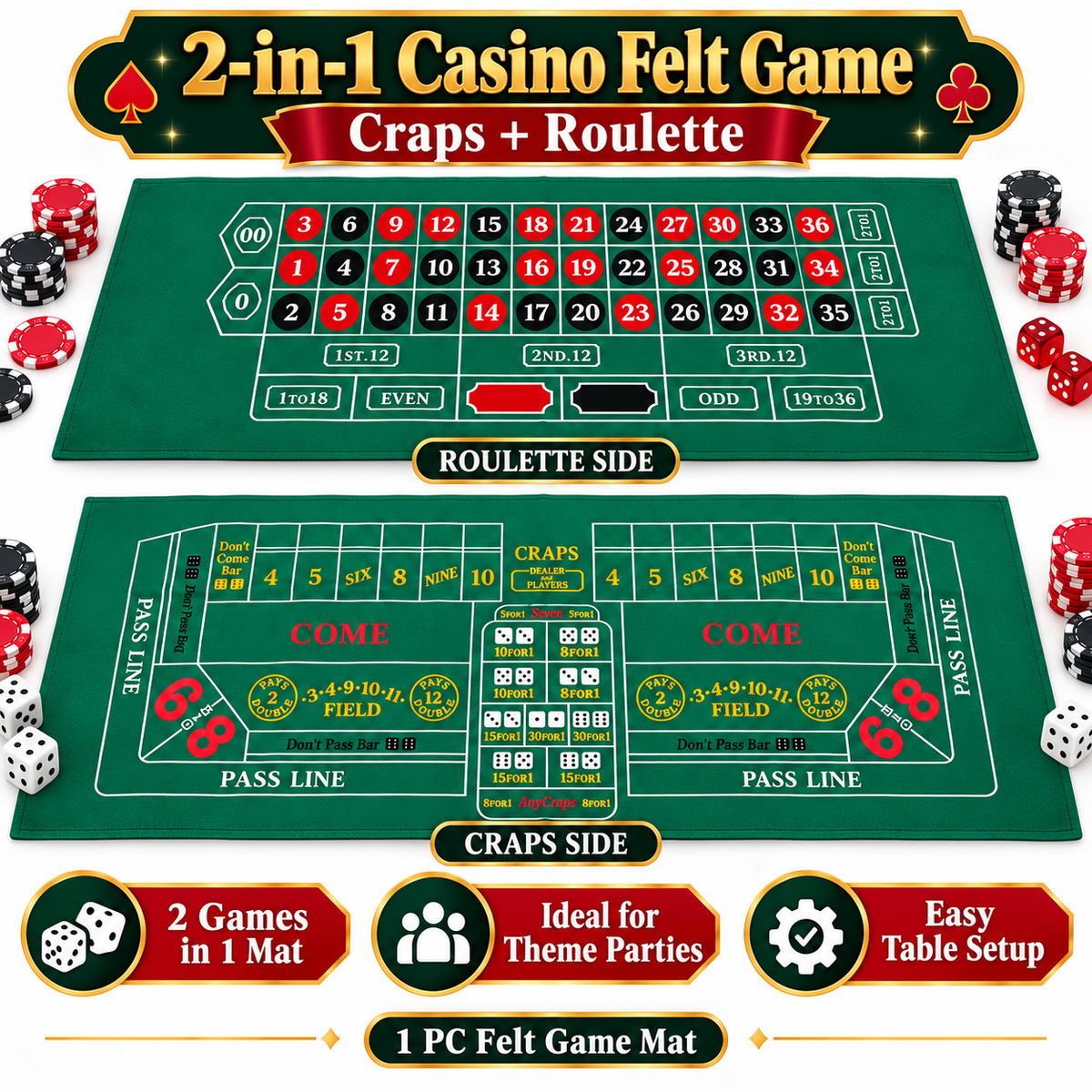 Craps Casino Dice & Roulette 2-in-1 Felt Game – 6 FT | Casino Table Game Mat for Casino Night Parties, Game Nights & Theme Events