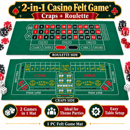 Craps Casino Dice & Roulette 2-in-1 Felt Game – 6 FT | Casino Table Game Mat for Casino Night Parties, Game Nights & Theme Events