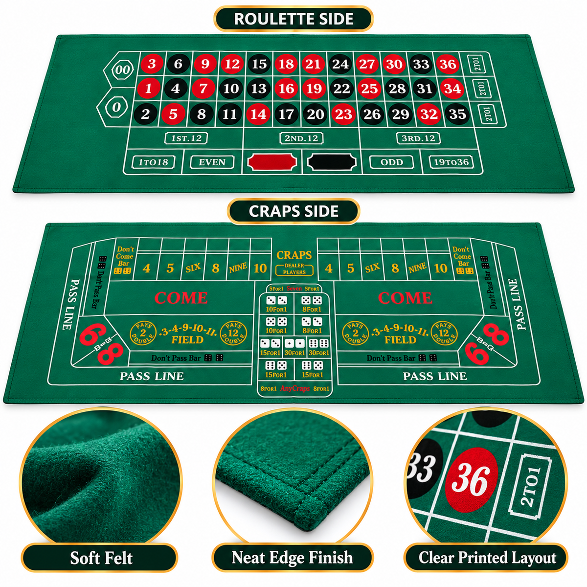 Craps Casino Dice & Roulette 2-in-1 Felt Game – 6 FT | Casino Table Game Mat for Casino Night Parties, Game Nights & Theme Events