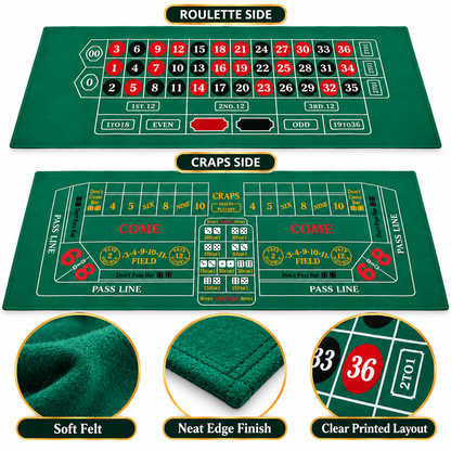 Craps Casino Dice & Roulette 2-in-1 Felt Game – 6 FT | Casino Table Game Mat for Casino Night Parties, Game Nights & Theme Events