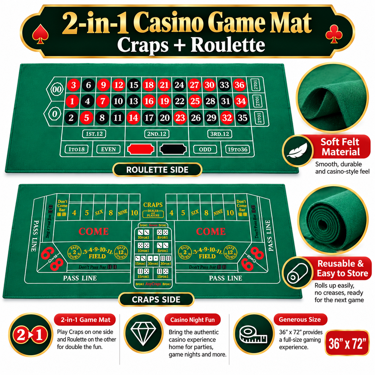 Craps Casino Dice & Roulette 2-in-1 Felt Game – 6 FT | Casino Table Game Mat for Casino Night Parties, Game Nights & Theme Events