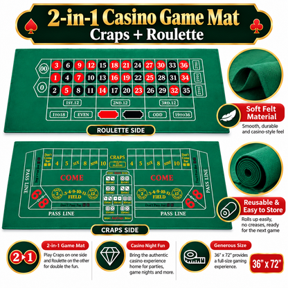 Craps Casino Dice & Roulette 2-in-1 Felt Game – 6 FT | Casino Table Game Mat for Casino Night Parties, Game Nights & Theme Events