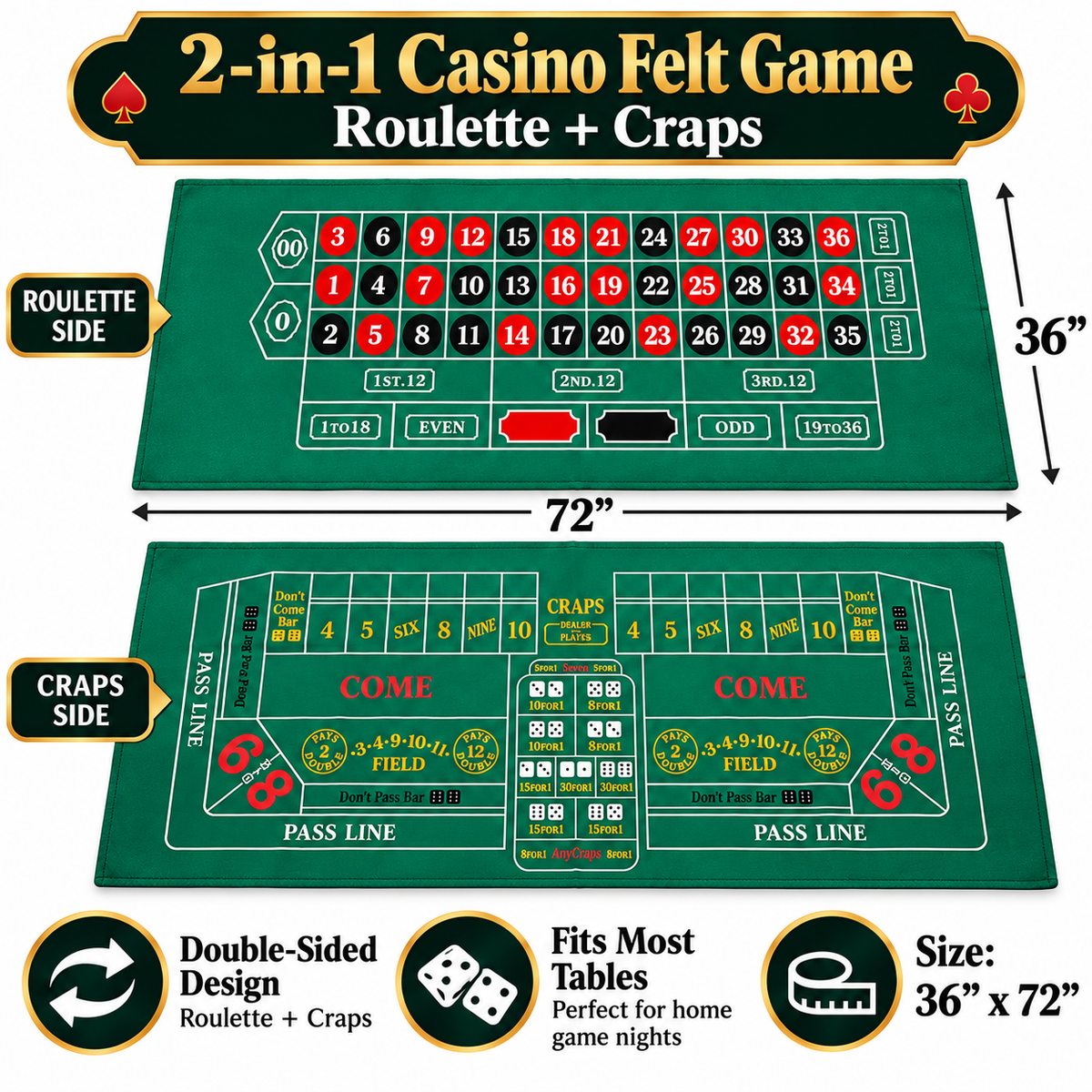 Craps Casino Dice & Roulette 2-in-1 Felt Game – 6 FT | Casino Table Game Mat for Casino Night Parties, Game Nights & Theme Events